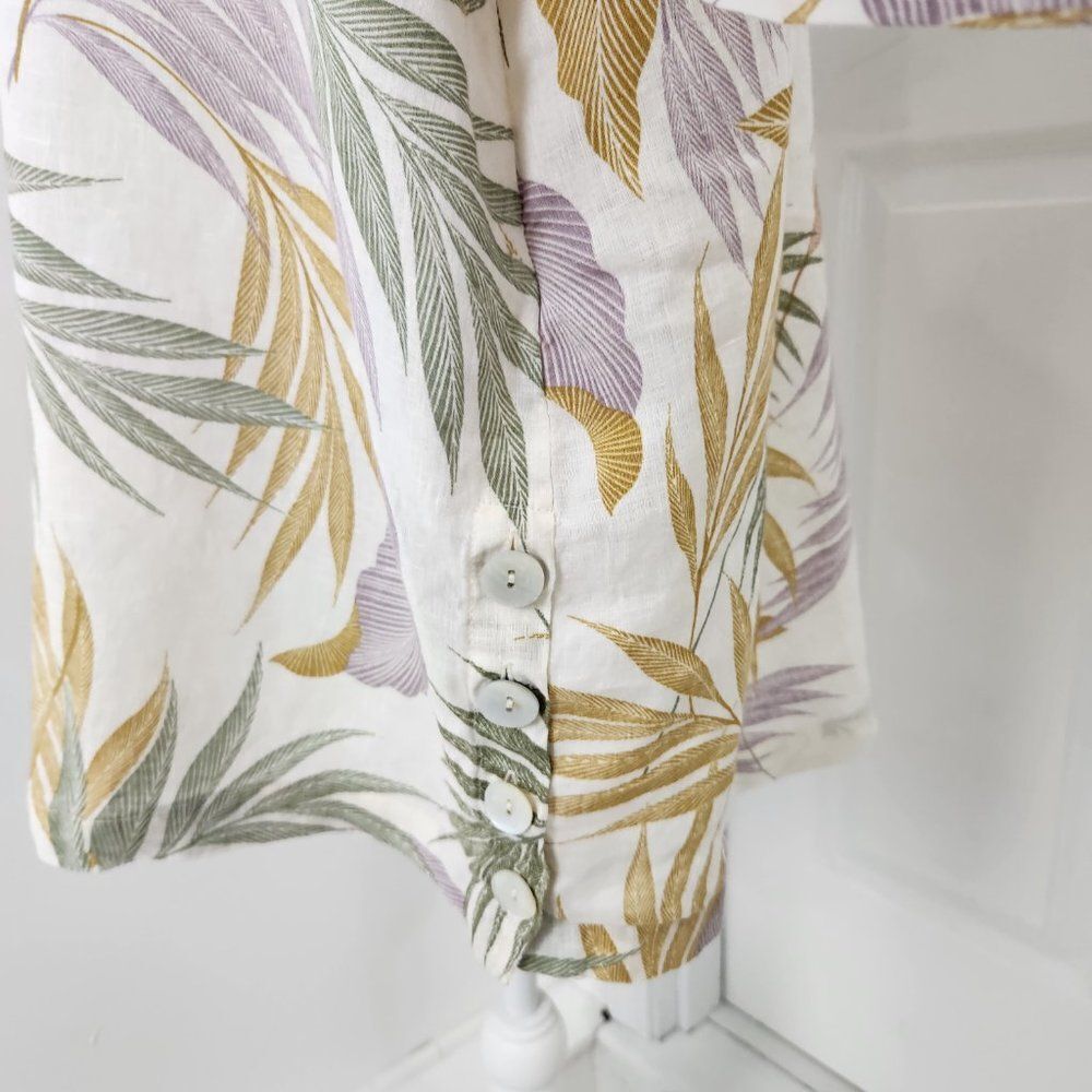 Tahari Linen Top Womens 1X Cream Floral Leaves Tropical Button Side Resort - Picture 4 of 16